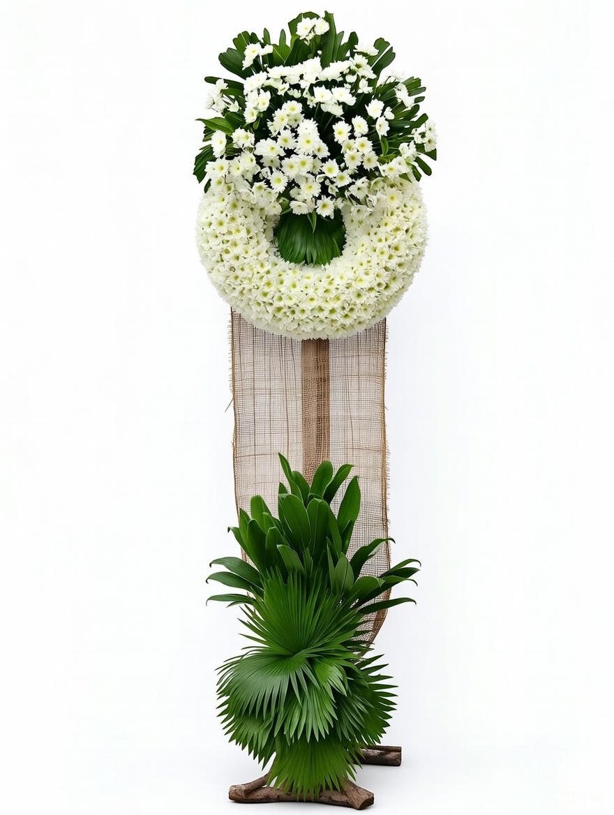 Solemn Honour white condolence wreath on stand for funeral flowers in Manila