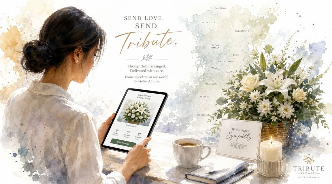 A woman using a tablet to order funeral flowers for delivery in Metro Manila, Philippines.