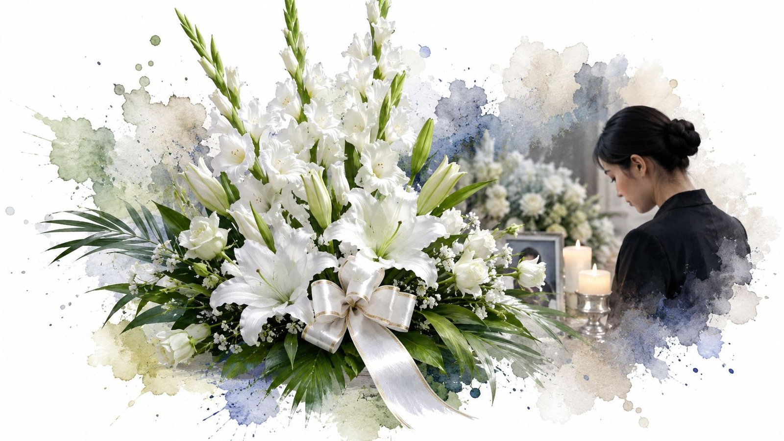 A mournful woman in a black dress pays respects at a solemn Filipino funeral wake with flowers.