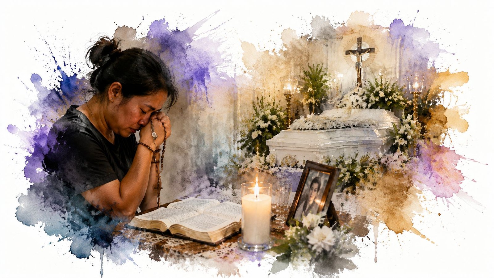 A grieving woman holding a rosary while praying over an open bible at a funeral wake.