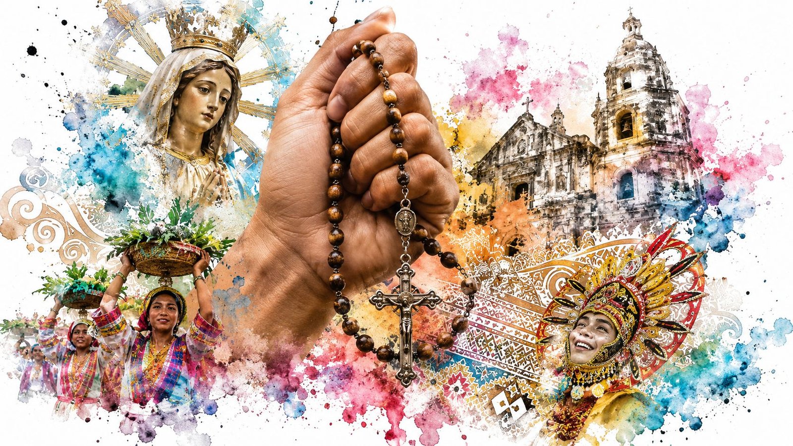 A colorful cultural collage featuring the Virgin Mary, rosary beads, traditional Filipino festival performers, and a historic church.