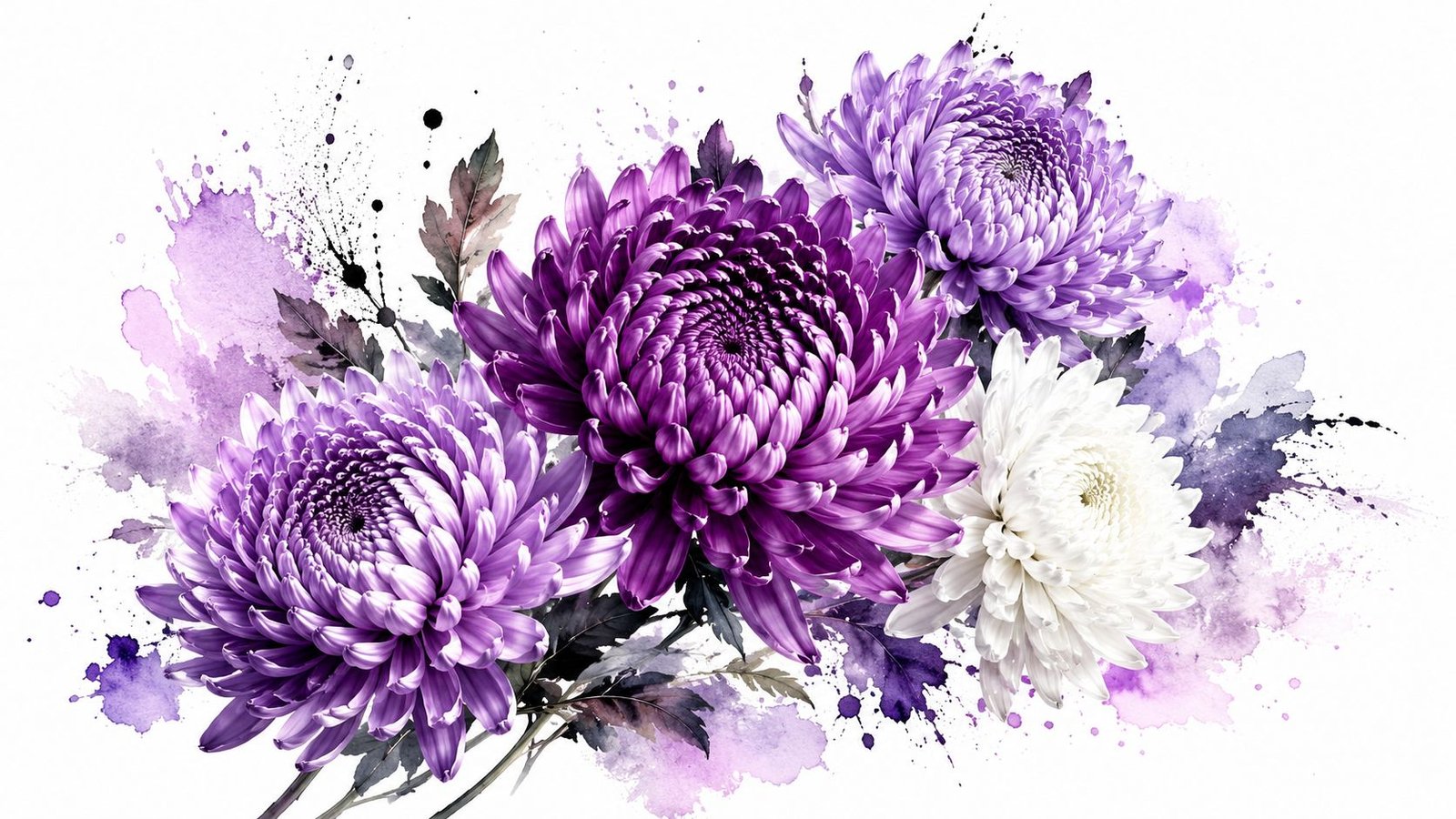 A beautiful artistic illustration featuring elegant purple and white chrysanthemum flowers with soft watercolor paint splatters.