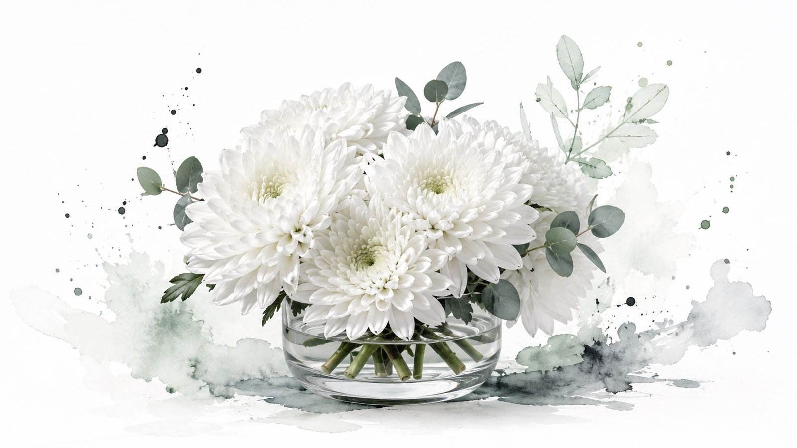 A delicate bouquet of white chrysanthemum flowers in a glass bowl with watercolor green accents.