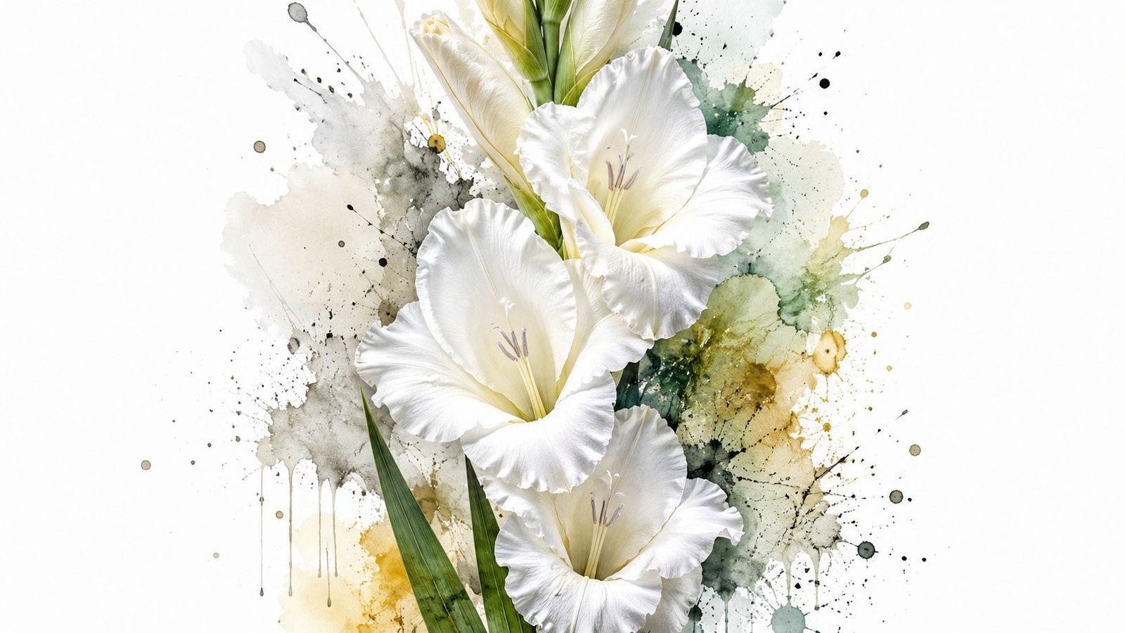 A delicate watercolor painting featuring three white gladiolus flowers with abstract gray and green ink splashes.