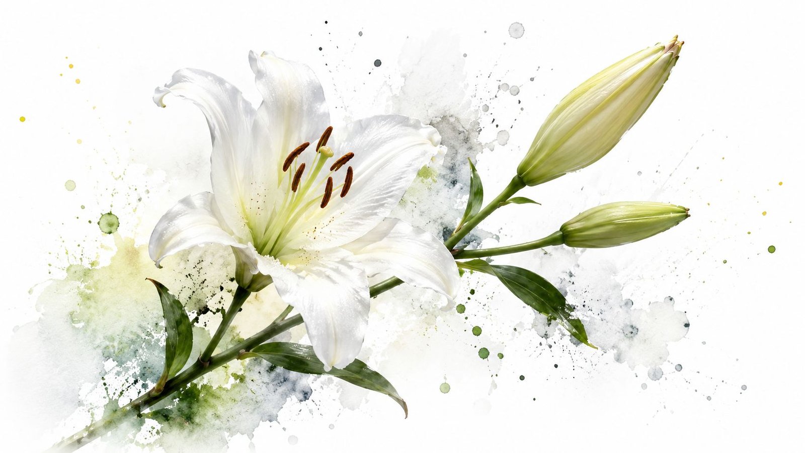 A beautiful white lily flower in full bloom alongside two closed buds with soft watercolor background splashes.