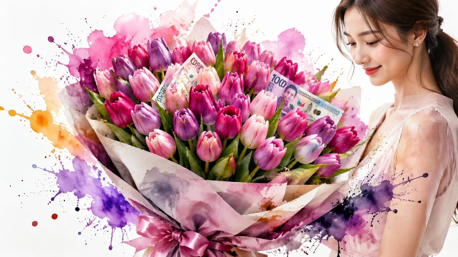 A smiling woman holding a beautiful bouquet of colorful tulips with money tucked inside the flowers.