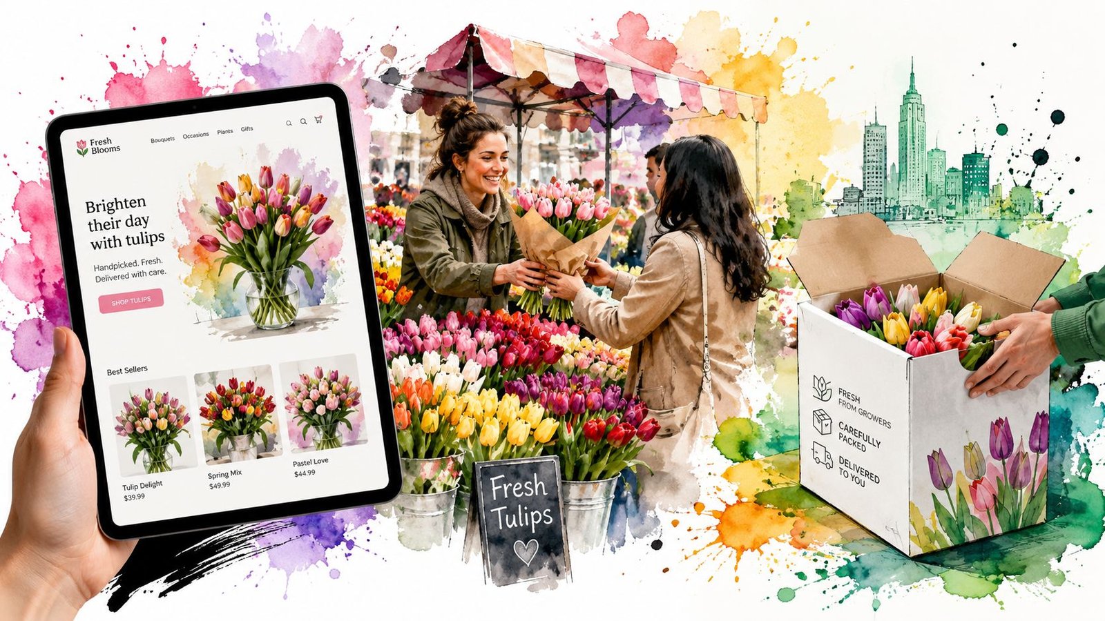 A hand holding a tablet displaying a tulip flower shop website alongside fresh bouquets and delivery boxes.