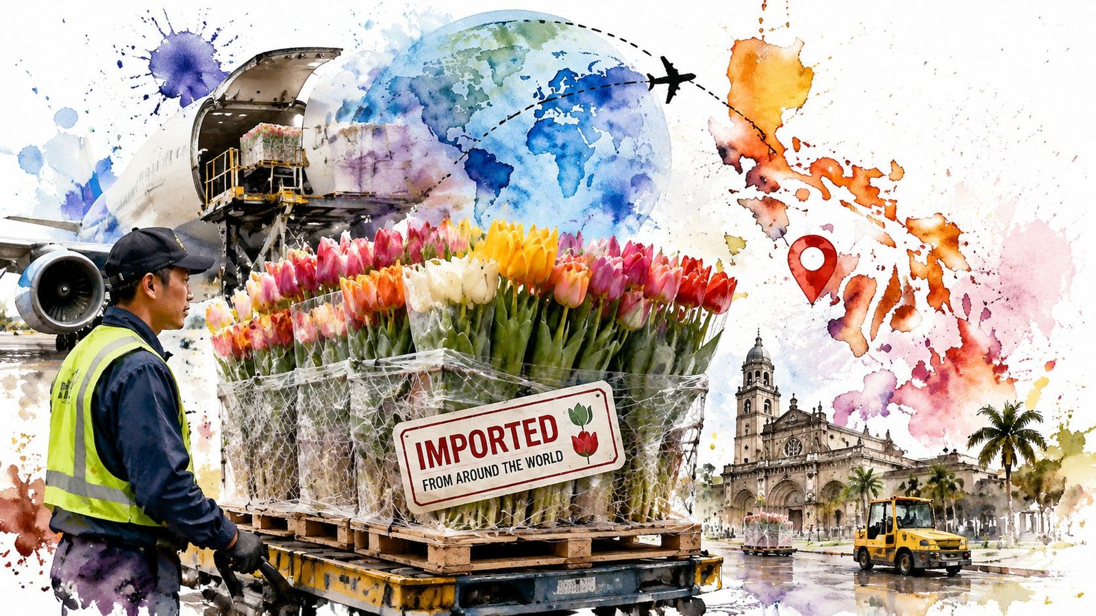 A worker transports a large pallet of imported tulips from an airplane, featuring a decorative watercolor design.