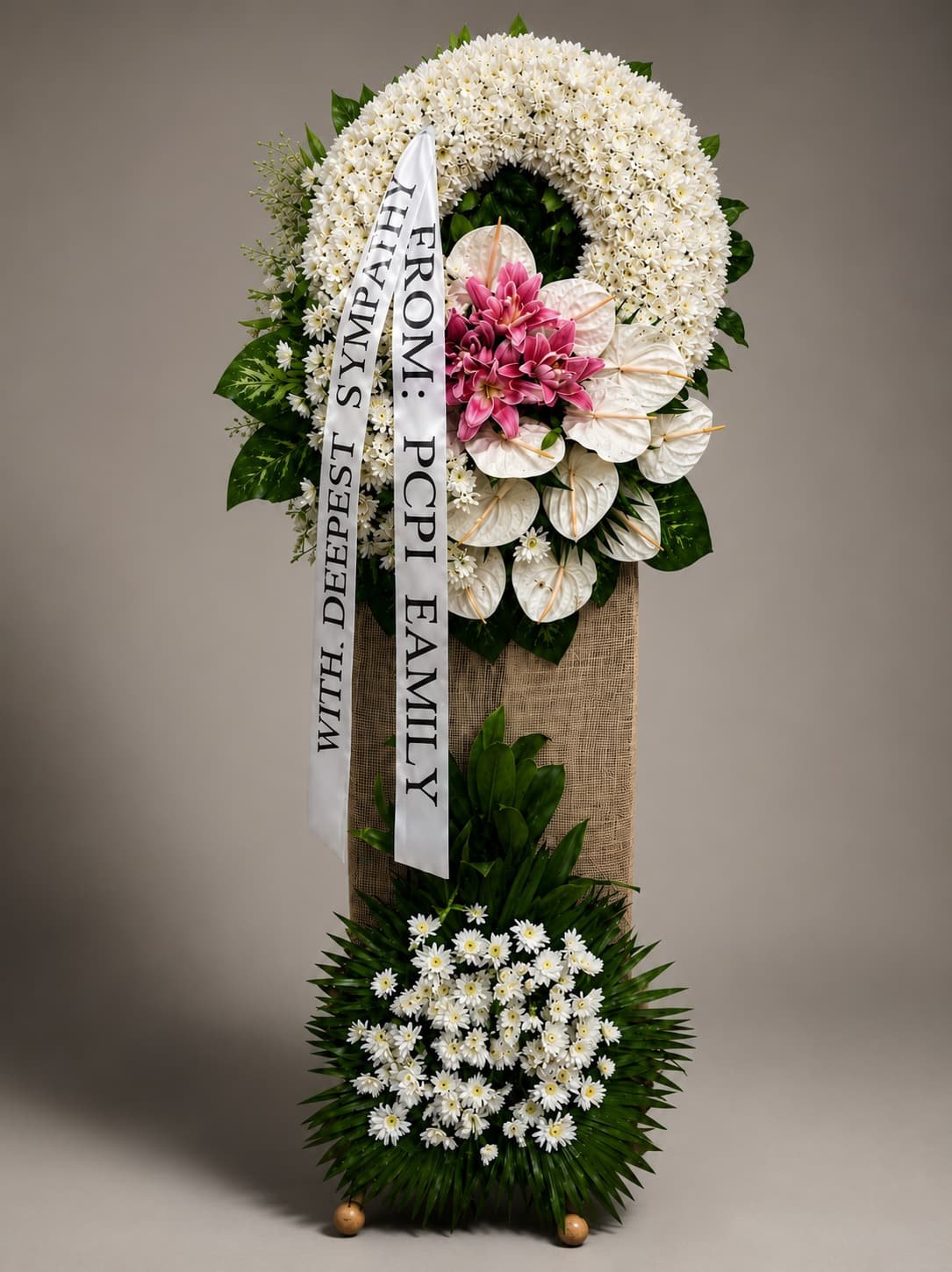 Always Loved - Pink Stargazer & White Anthurium Funeral Stand