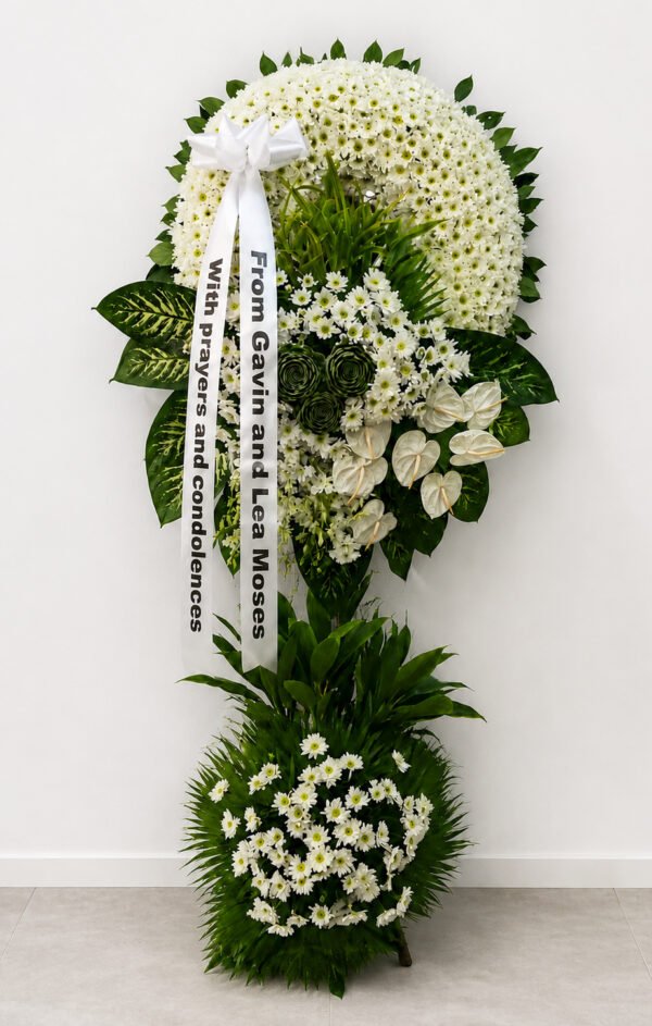 Cherished & Remembered - White Chrysanthemum & Anthurium Funeral Stand