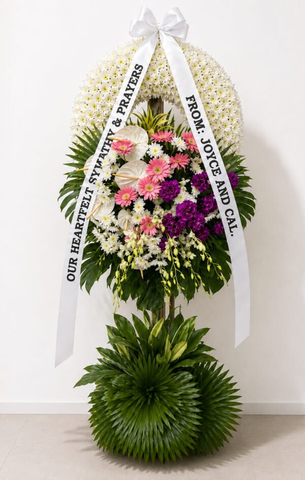 Life Well Loved - White Chrysanthemum, Pink Gerbera & Anthurium Funeral Wreath