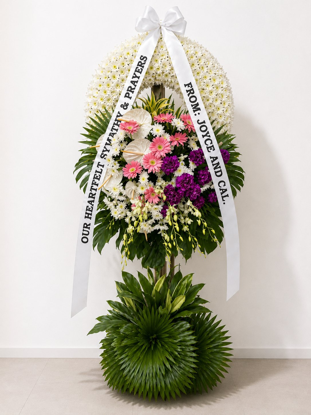 Life Well Loved - White Chrysanthemum, Pink Gerbera & Anthurium Funeral Wreath
