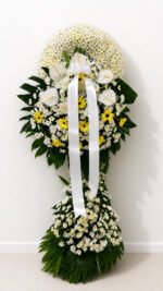 Light & Peace - White Chrysanthemum, Anthurium & Yellow Gerbera Funeral Stand