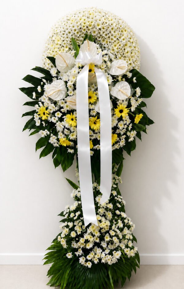 Light & Peace - White Chrysanthemum, Anthurium & Yellow Gerbera Funeral Stand