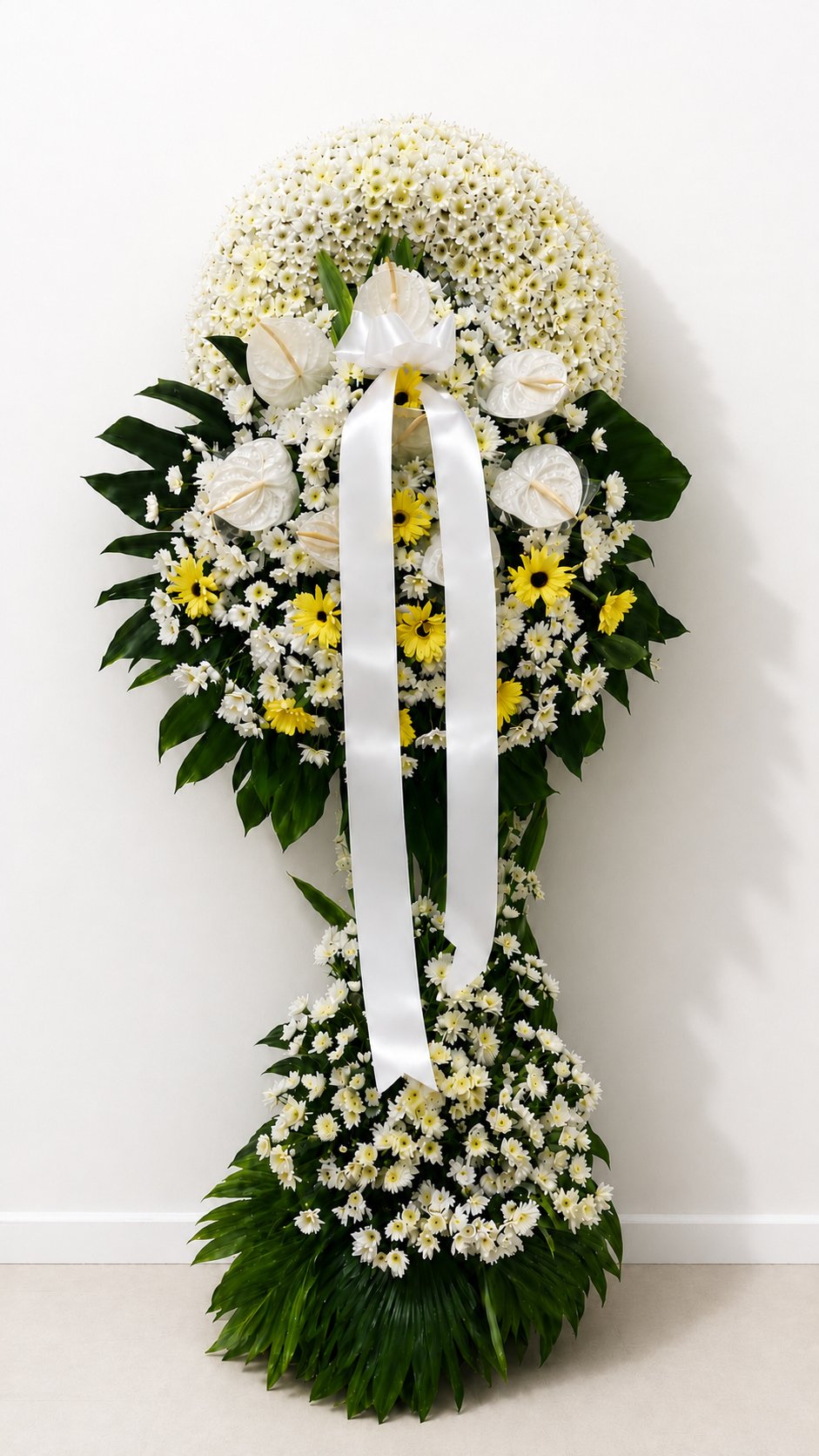 Light & Peace - White Chrysanthemum, Anthurium & Yellow Gerbera Funeral Stand