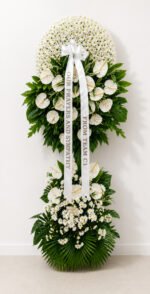 Never Forget You - White Chrysanthemum & Anthurium Funeral Stand
