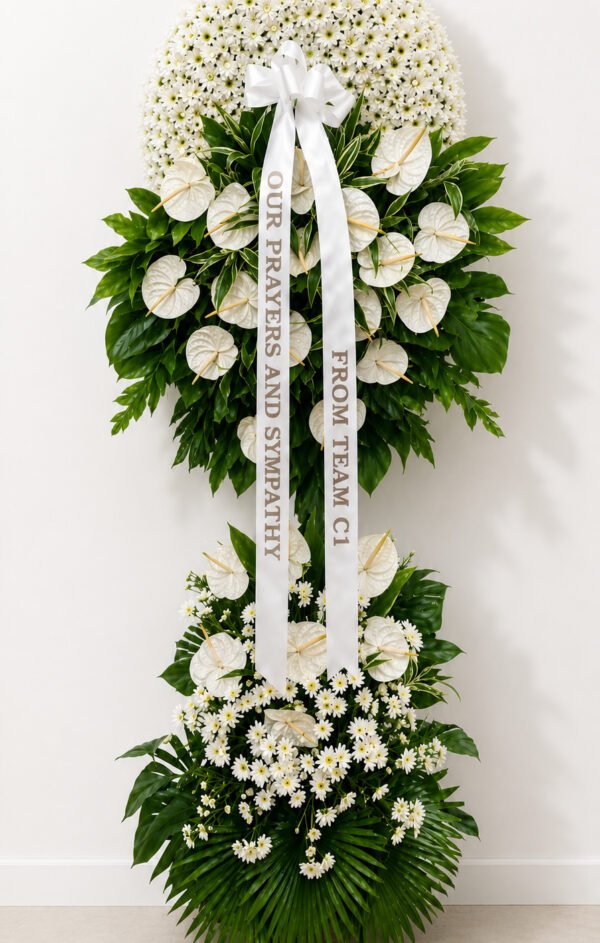 Never Forget You - White Chrysanthemum & Anthurium Funeral Stand