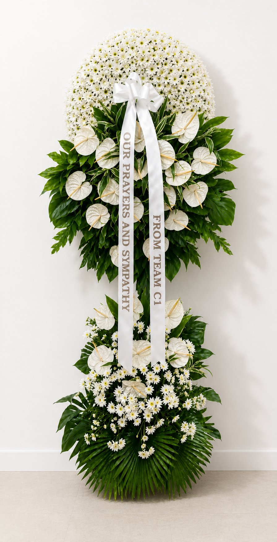 Never Forget You - White Chrysanthemum & Anthurium Funeral Stand