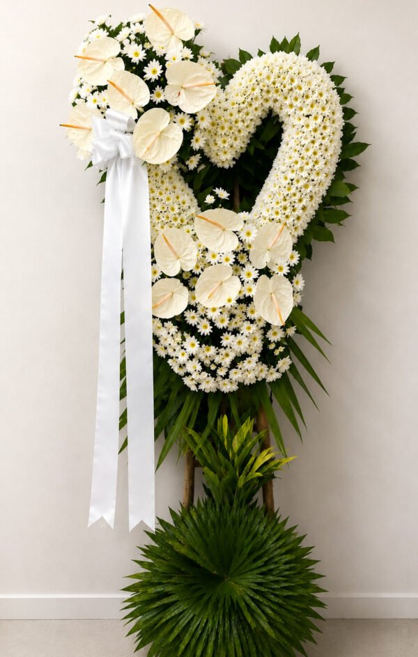 Pure Heart - White Heart Funeral Stand with Anthuriums