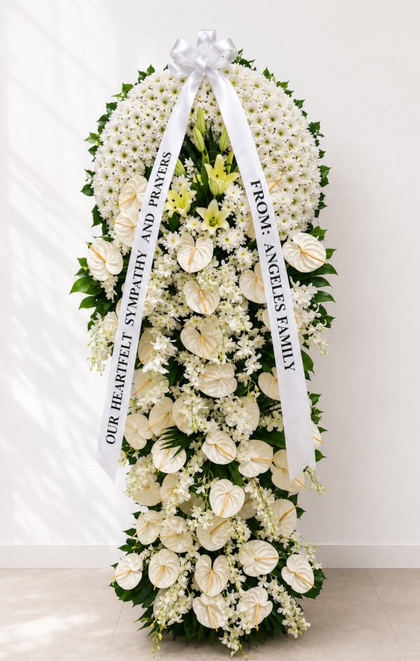 Pure Serenity - White Chrysanthemum, Anthurium & Orchid Funeral Stand