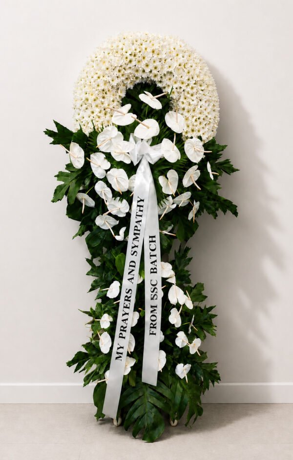 With Every Flower - White Chrysanthemum & Anthurium Funeral Stand