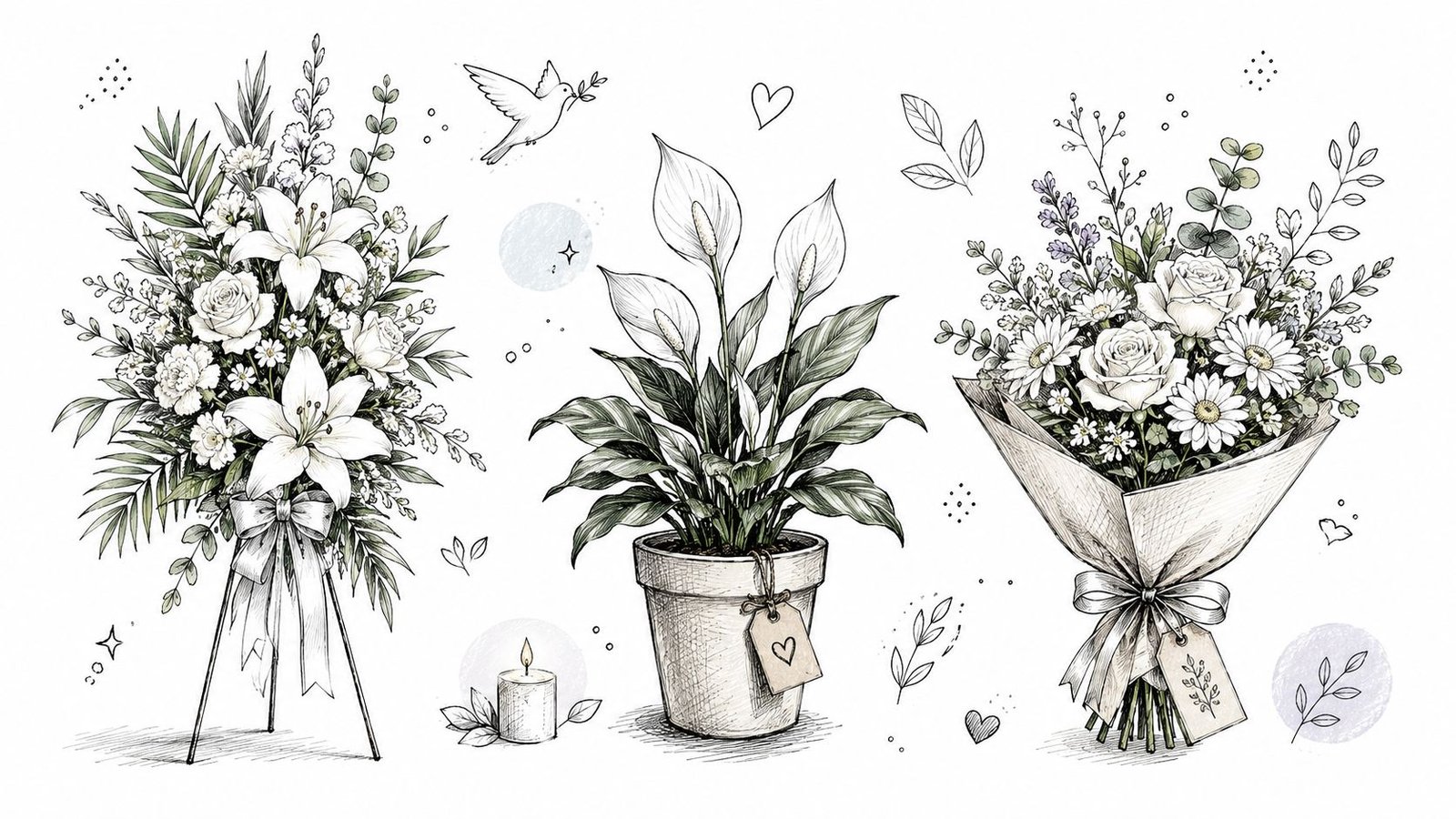 A collection of hand-drawn illustrations featuring elegant sympathy flowers, a peace lily plant, and funeral arrangements.