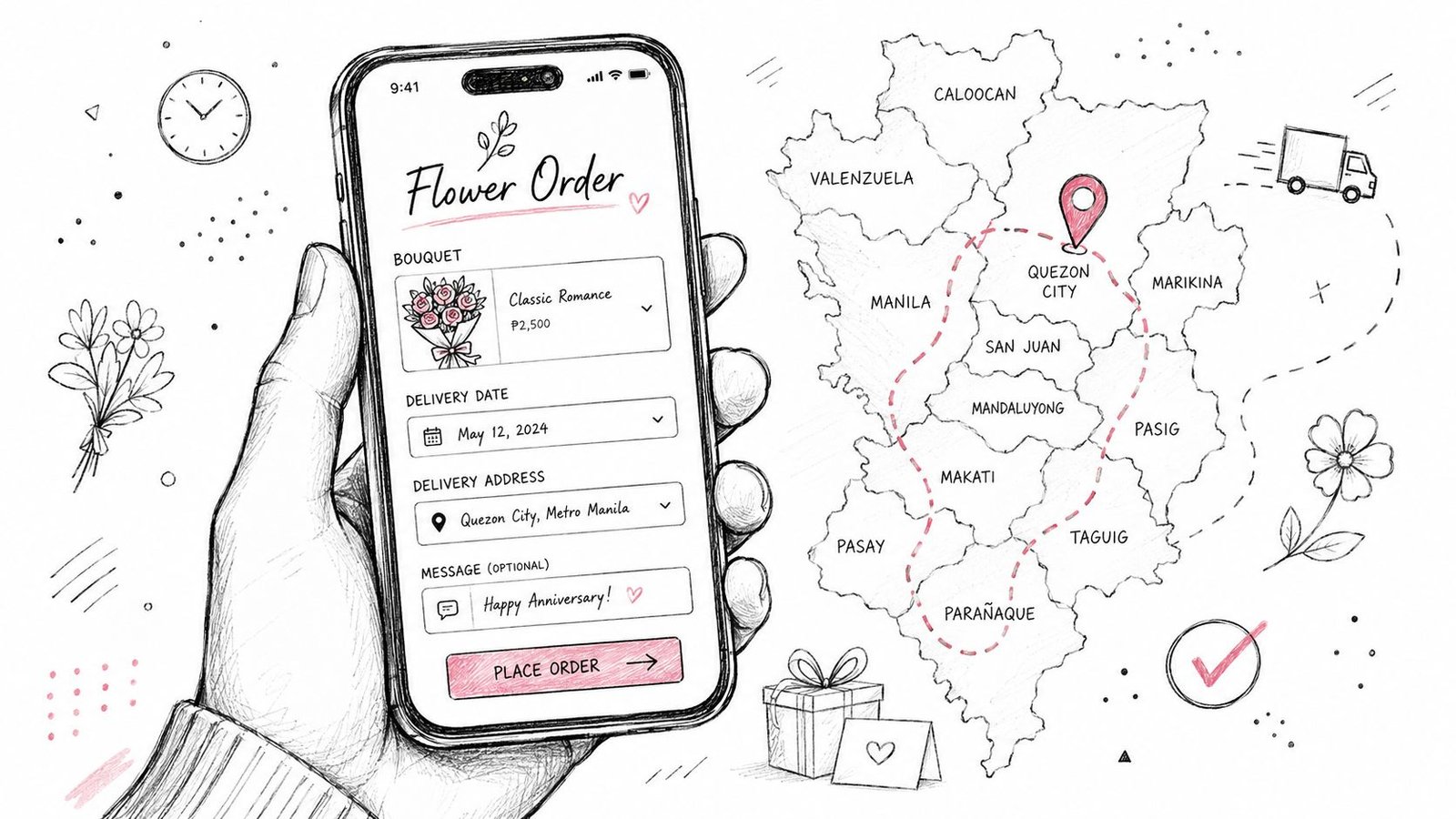 Hand holding a smartphone displaying a flower delivery order app with a map showing Metro Manila locations.