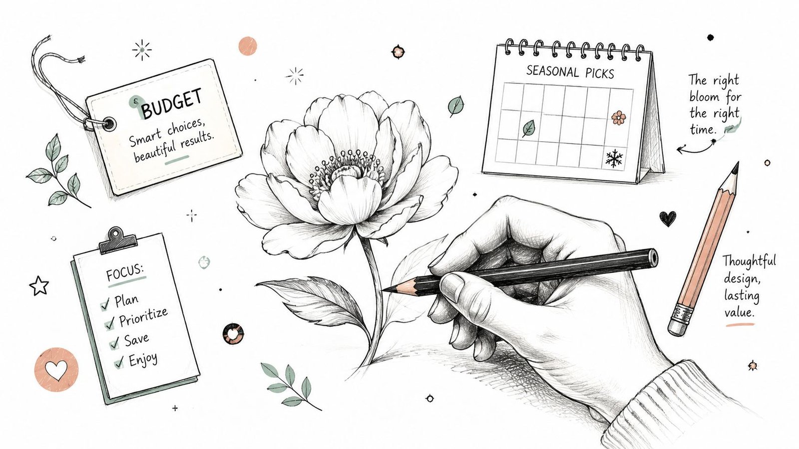 A hand sketching a flower alongside illustrations of a budget tag, a seasonal calendar, and checklist.