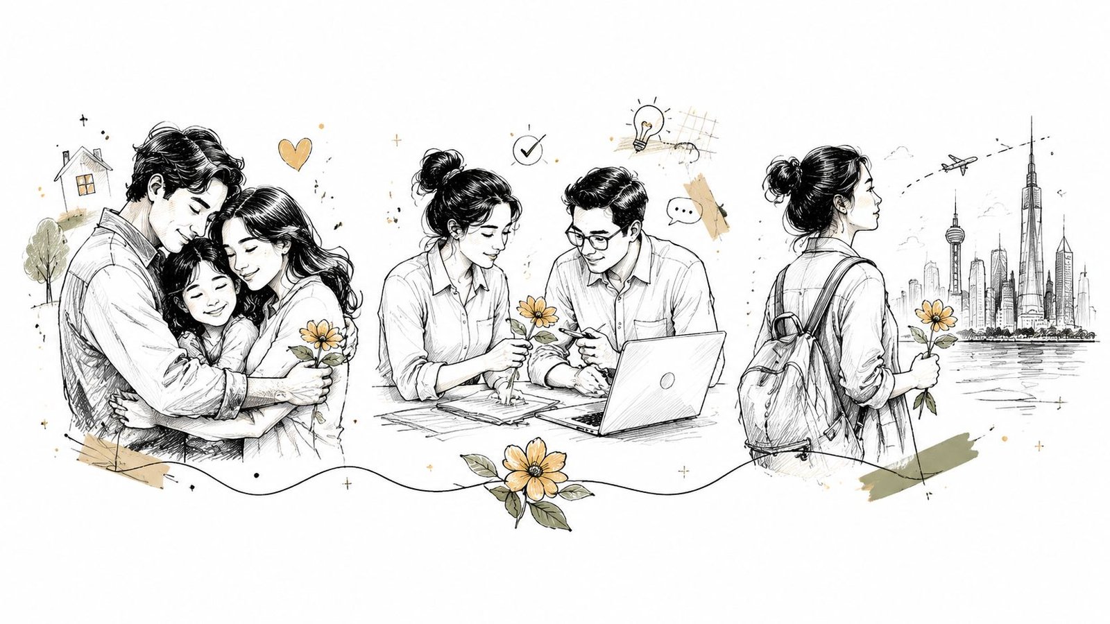 A pencil sketch collage showing family affection, a couple working together, and a traveler looking at a skyline.