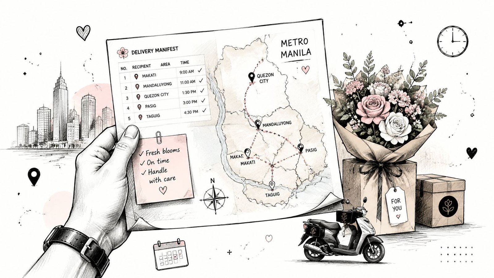 A hand holding a delivery manifest map for floral arrangements in Metro Manila with a motorcycle.