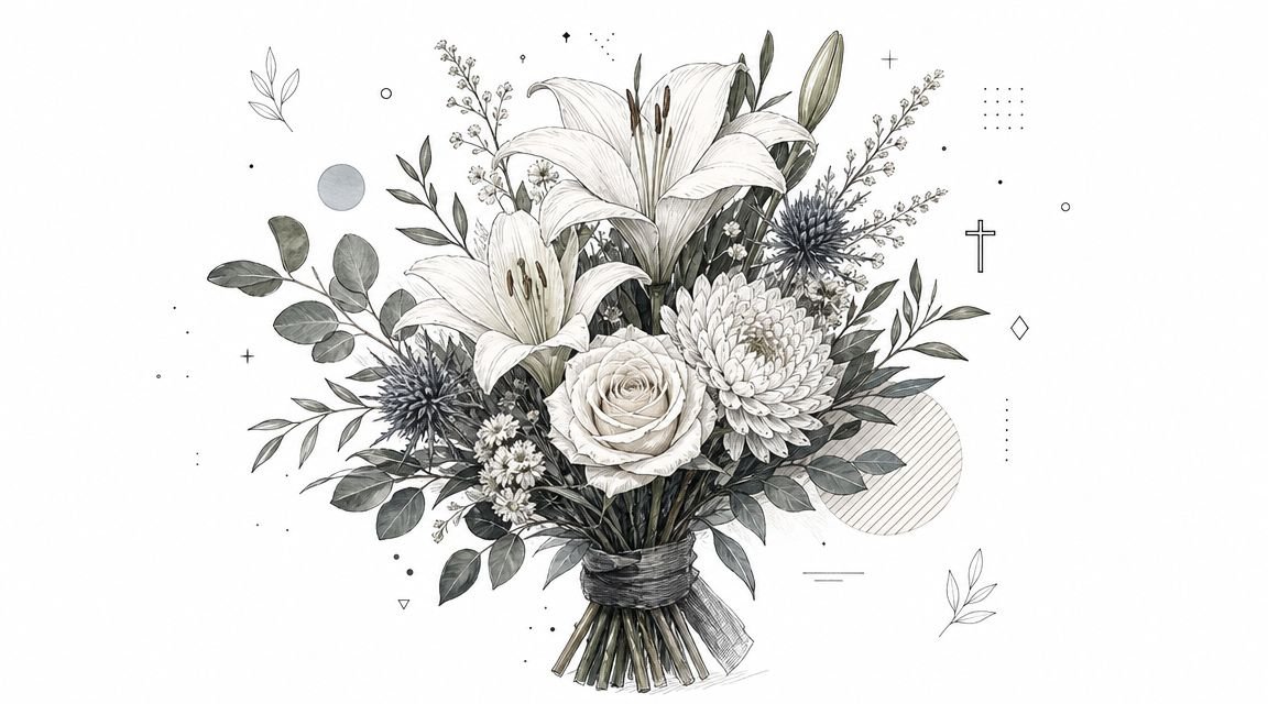 A sophisticated monochrome floral arrangement featuring lilies, a rose, and chrysanthemums suitable for a sympathy tribute.