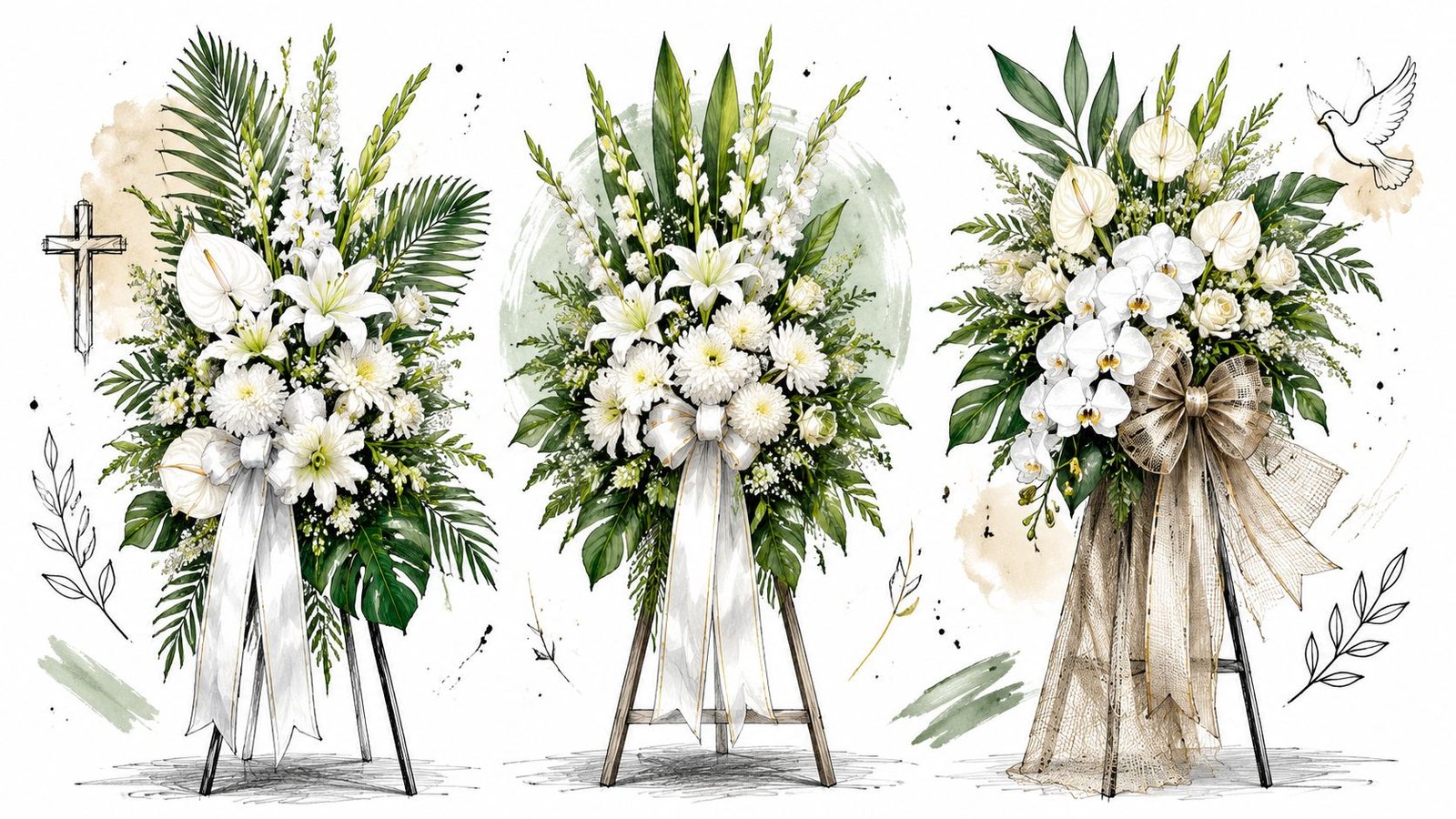 Three beautiful white flower funeral floral arrangements on easels, accented with ribbons and a Christian cross symbol.