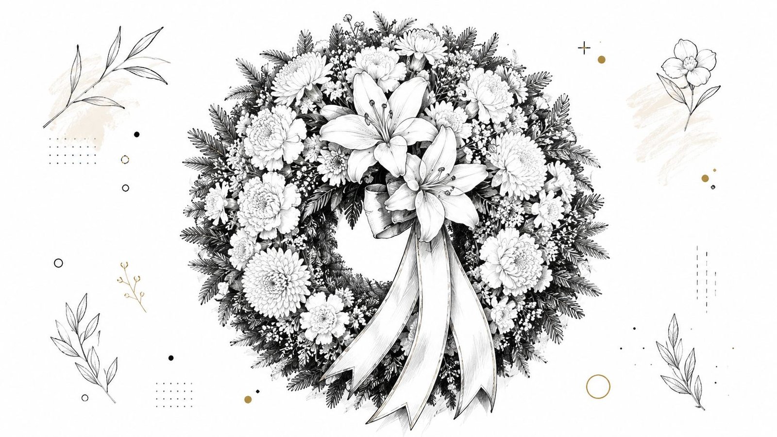 A detailed black and white sketch of a decorative floral funeral wreath with elegant ribbons.