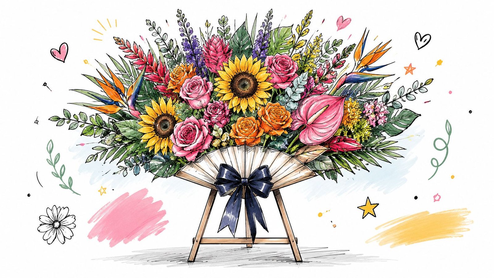 A vibrant digital illustration of a colorful flower bouquet arranged in a decorative fan-shaped holder with a bow.