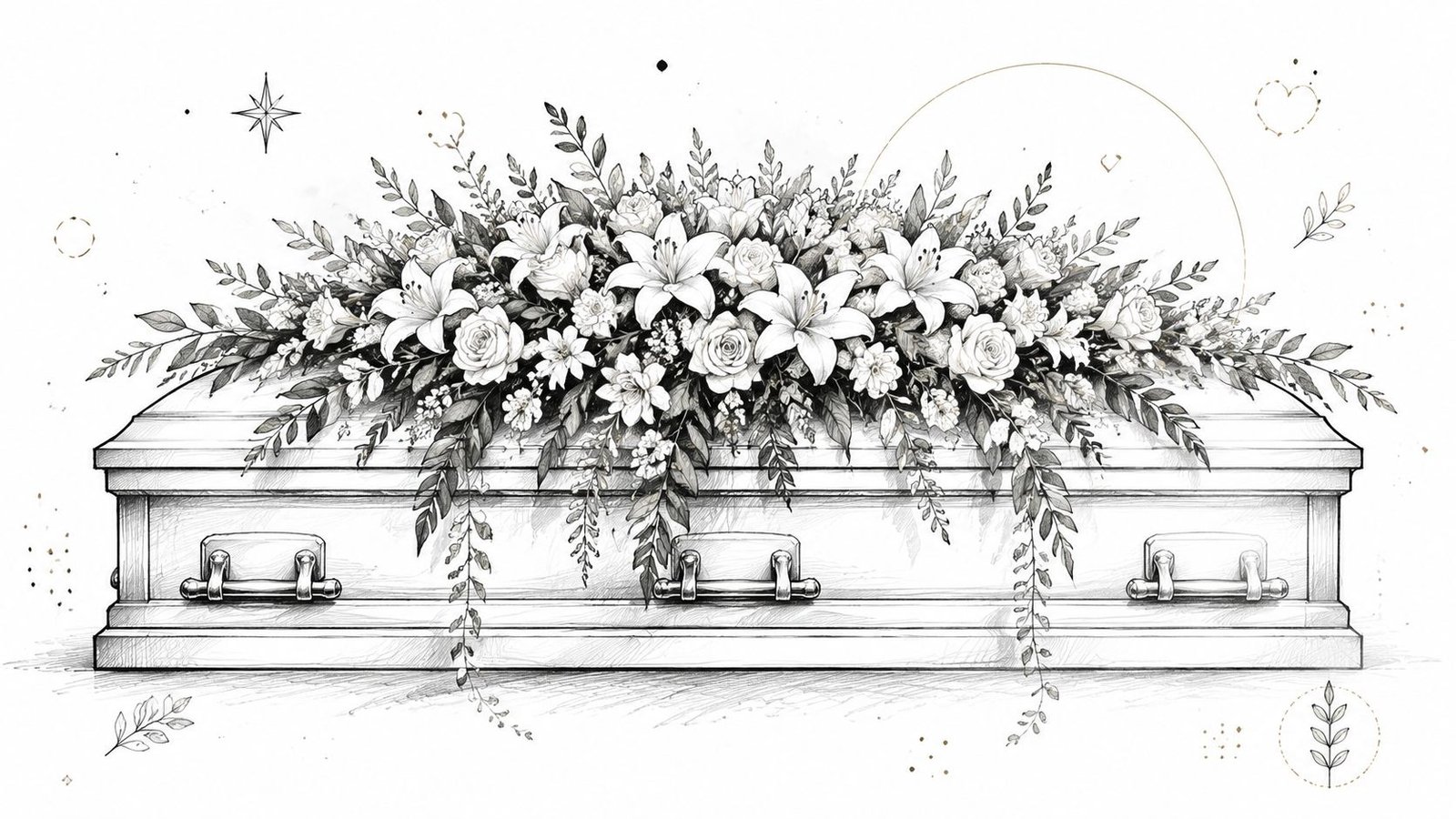 A detailed black and white sketch of a funeral casket decorated with a large floral bouquet arrangement.