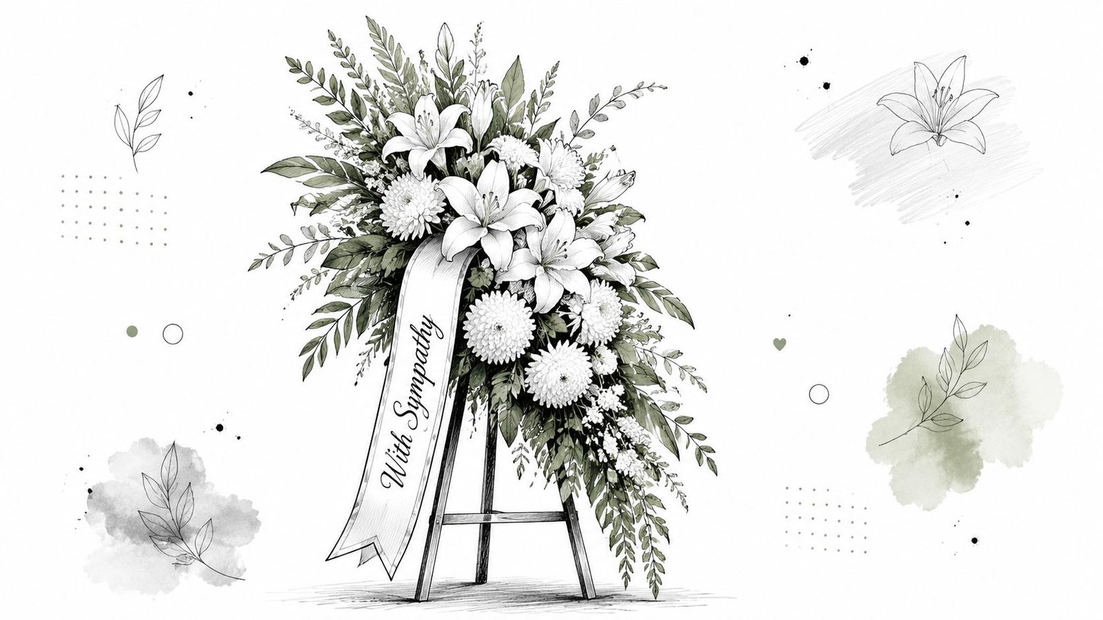 An elegant sketch illustration of a funeral flower bouquet on an easel with a sympathy ribbon.