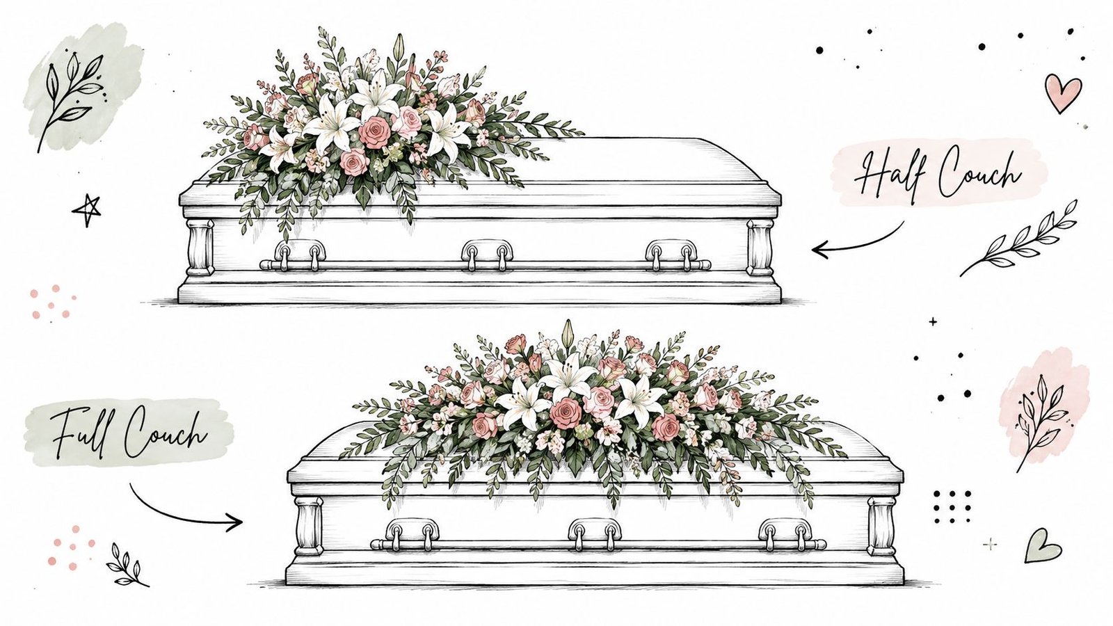 An illustration comparing full couch and half couch funeral flower coffin spray arrangements with decorative elements.