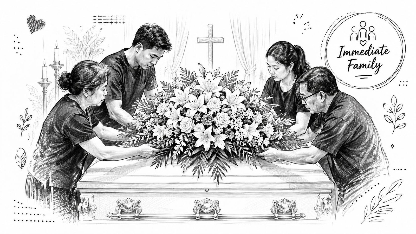 A grieving family arranging flowers on top of a funeral coffin in a solemn ceremony.