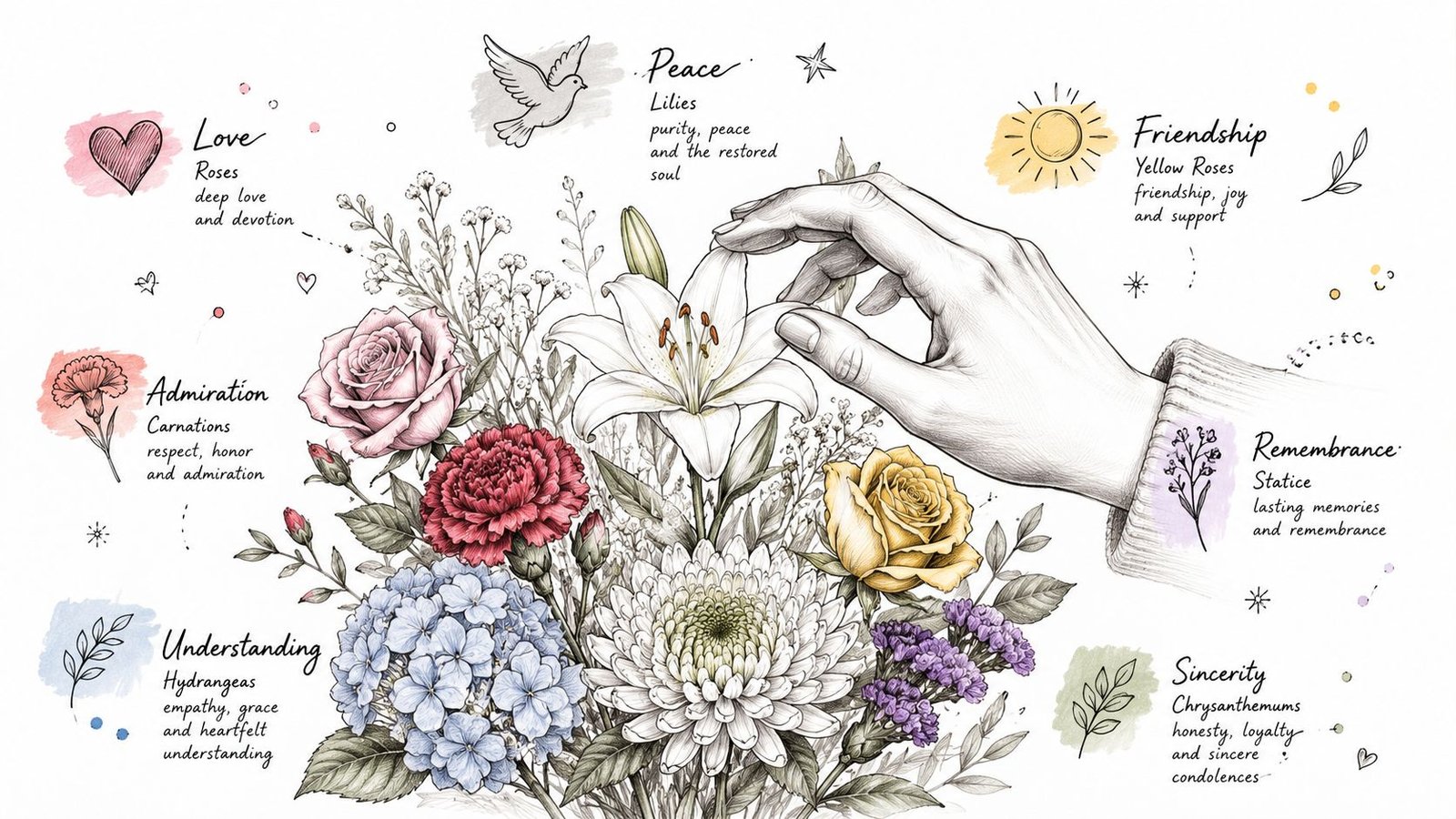 A botanical illustration depicting various flowers and their symbolic meanings, featuring a human hand touching a white lily.