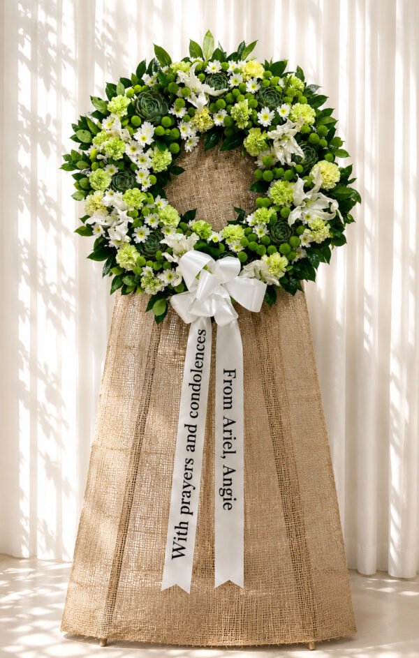 Peace Be With You - Green Carnation, Succulent & White Lily Funeral Wreath