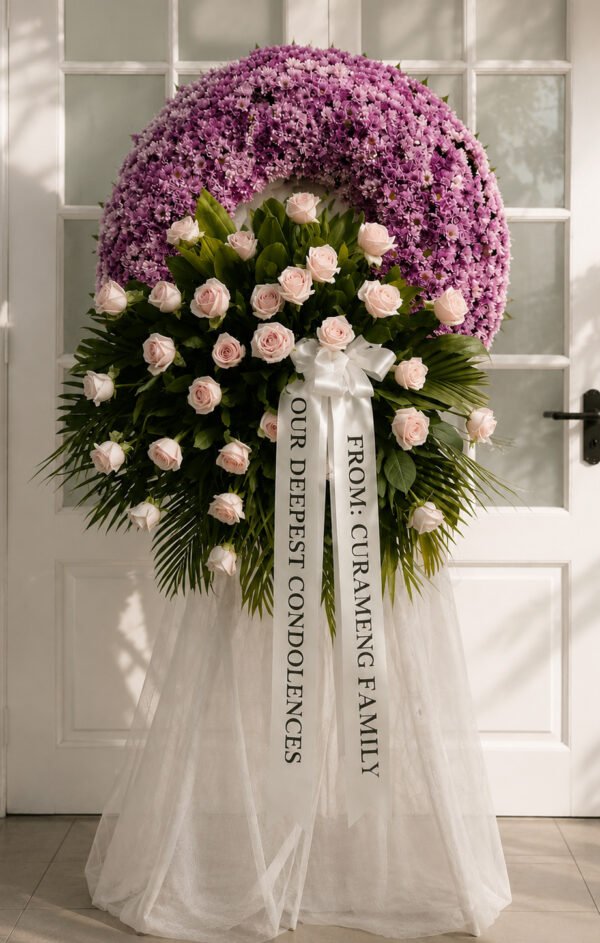 Held in Tender Memory - Purple Funeral Wreath with Pink Roses