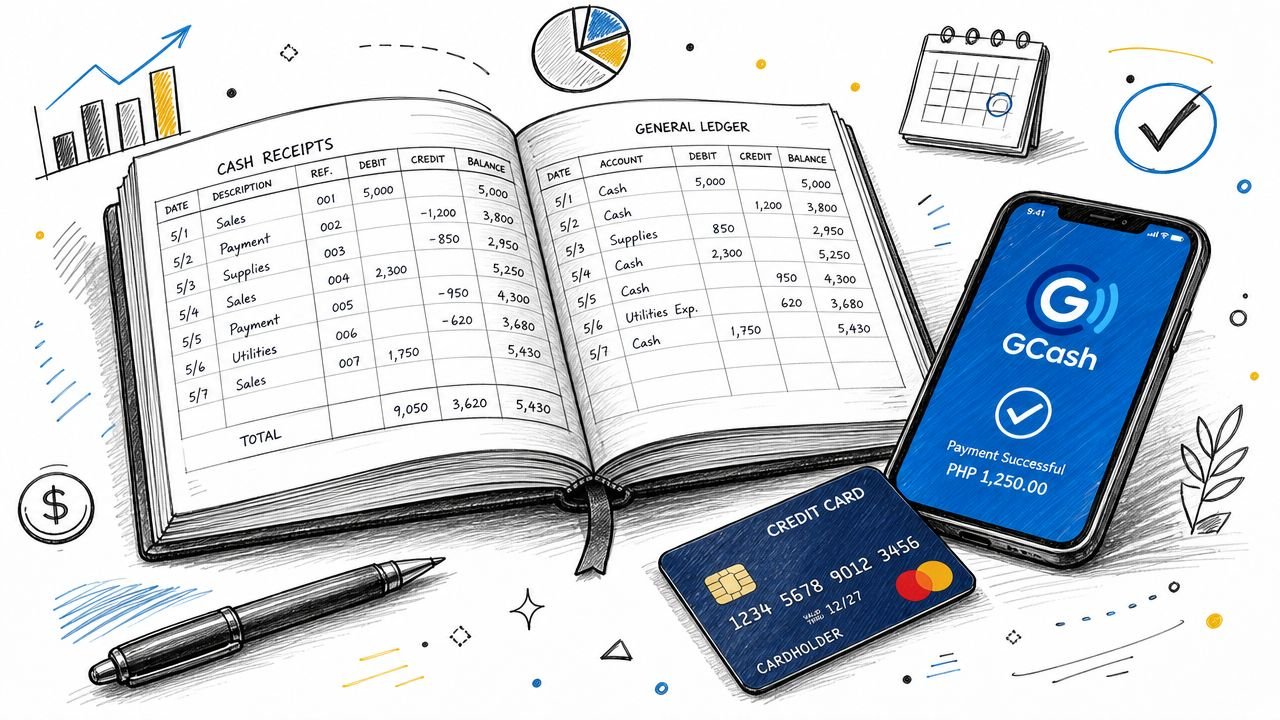 A hand-drawn accounting ledger displaying cash receipts and general ledger alongside a mobile payment app.