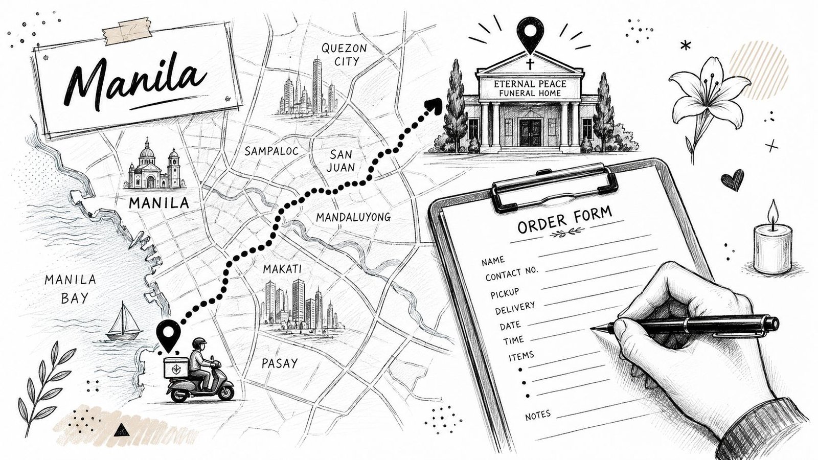 A hand filling out an order form for flower delivery to a funeral home in Manila city.