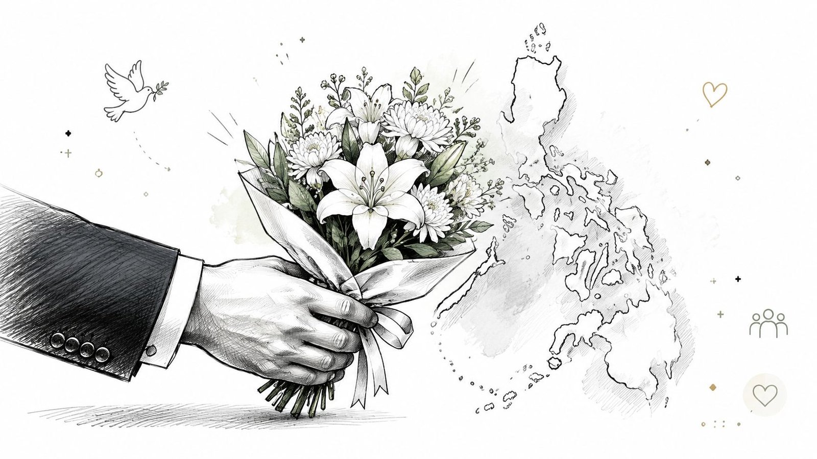 A hand in a suit holding a bouquet of flowers directed towards a map of the Philippines.