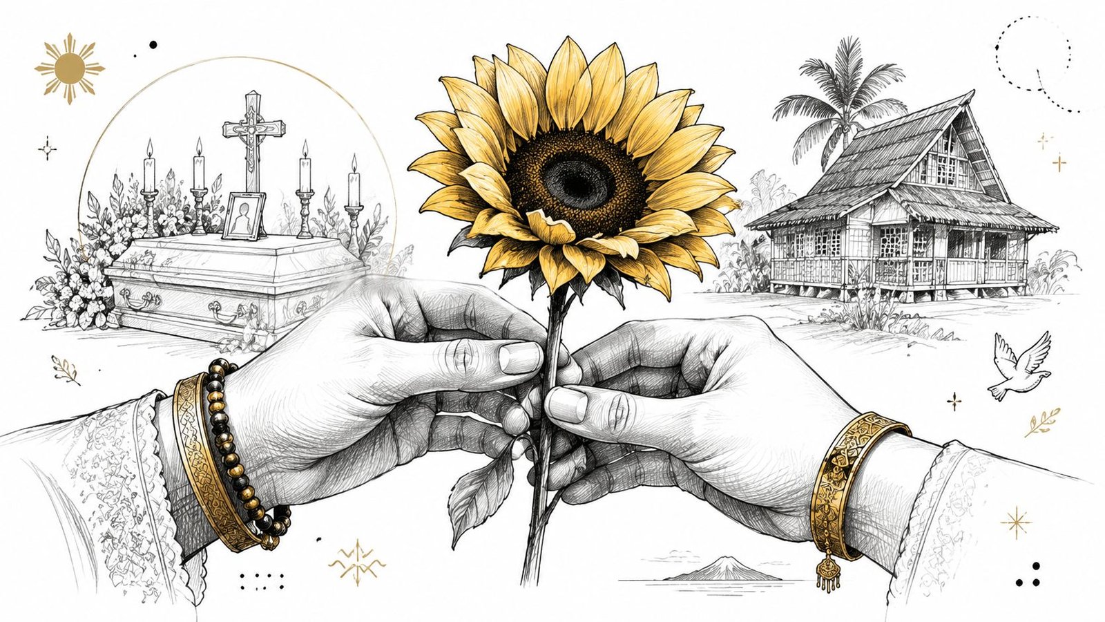 A symbolic sketch of hands holding a golden sunflower, juxtaposed with a traditional house and funeral imagery.