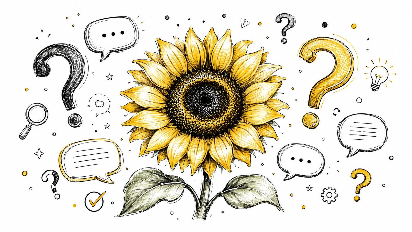 A hand-drawn style sunflower surrounded by speech bubbles, question marks, and icons representing thoughts and curiosity.