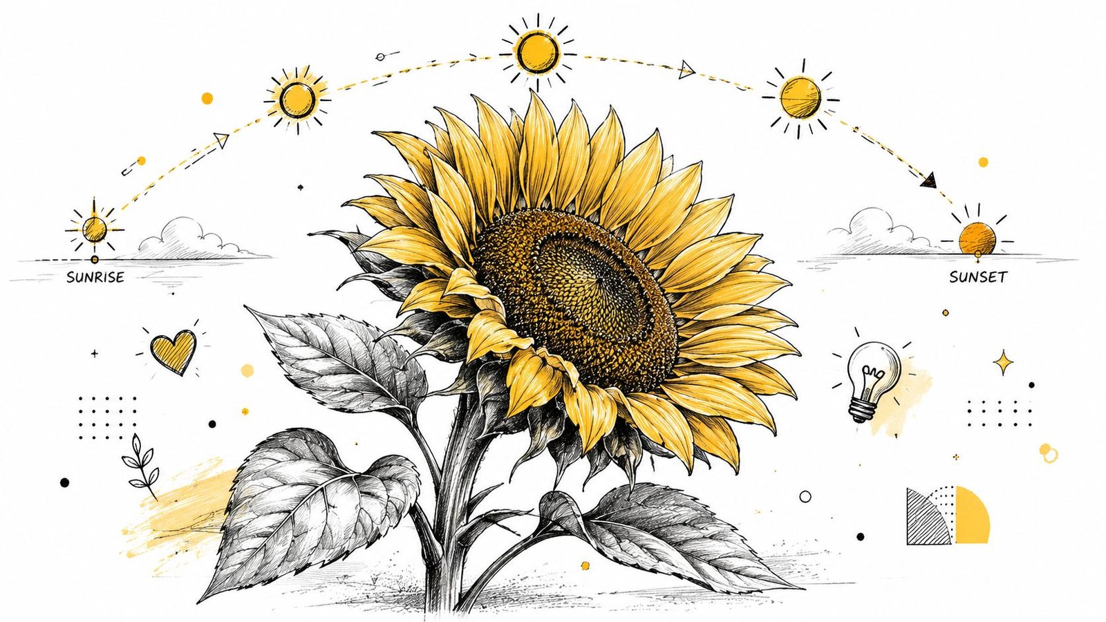 A detailed artistic illustration of a sunflower with a sun path arc indicating sunrise and sunset.