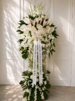 Forever Cherished - White Anthurium & Pink Lily Funeral Stand