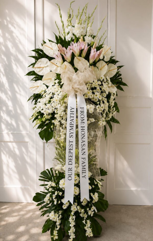 Forever Cherished - White Anthurium & Pink Lily Funeral Stand