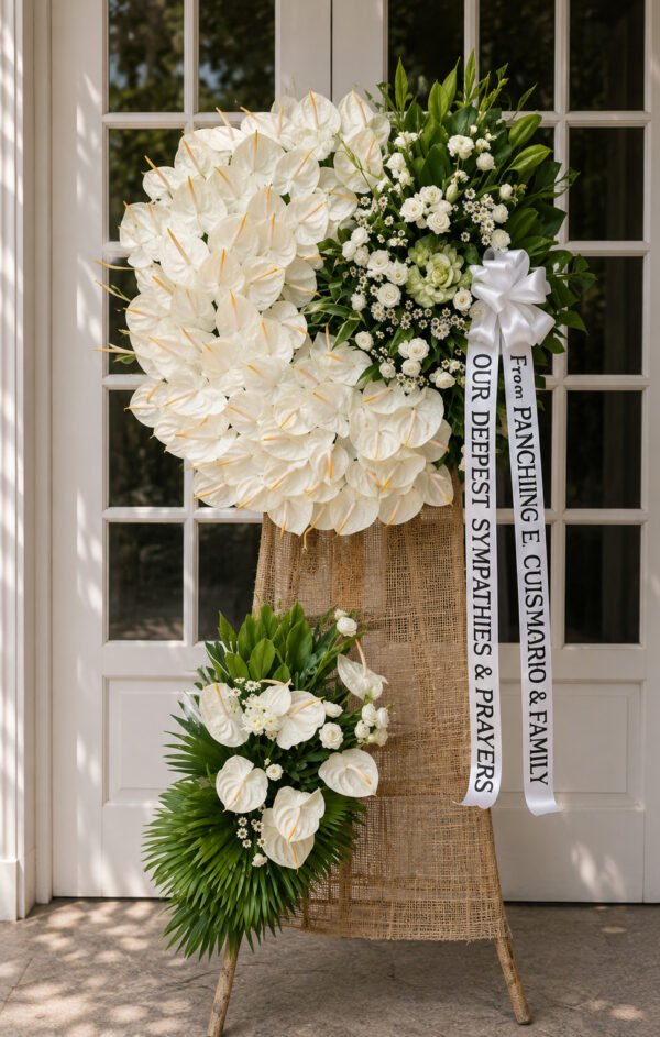 Heaven's Embrace - White Anthurium Funeral Stand